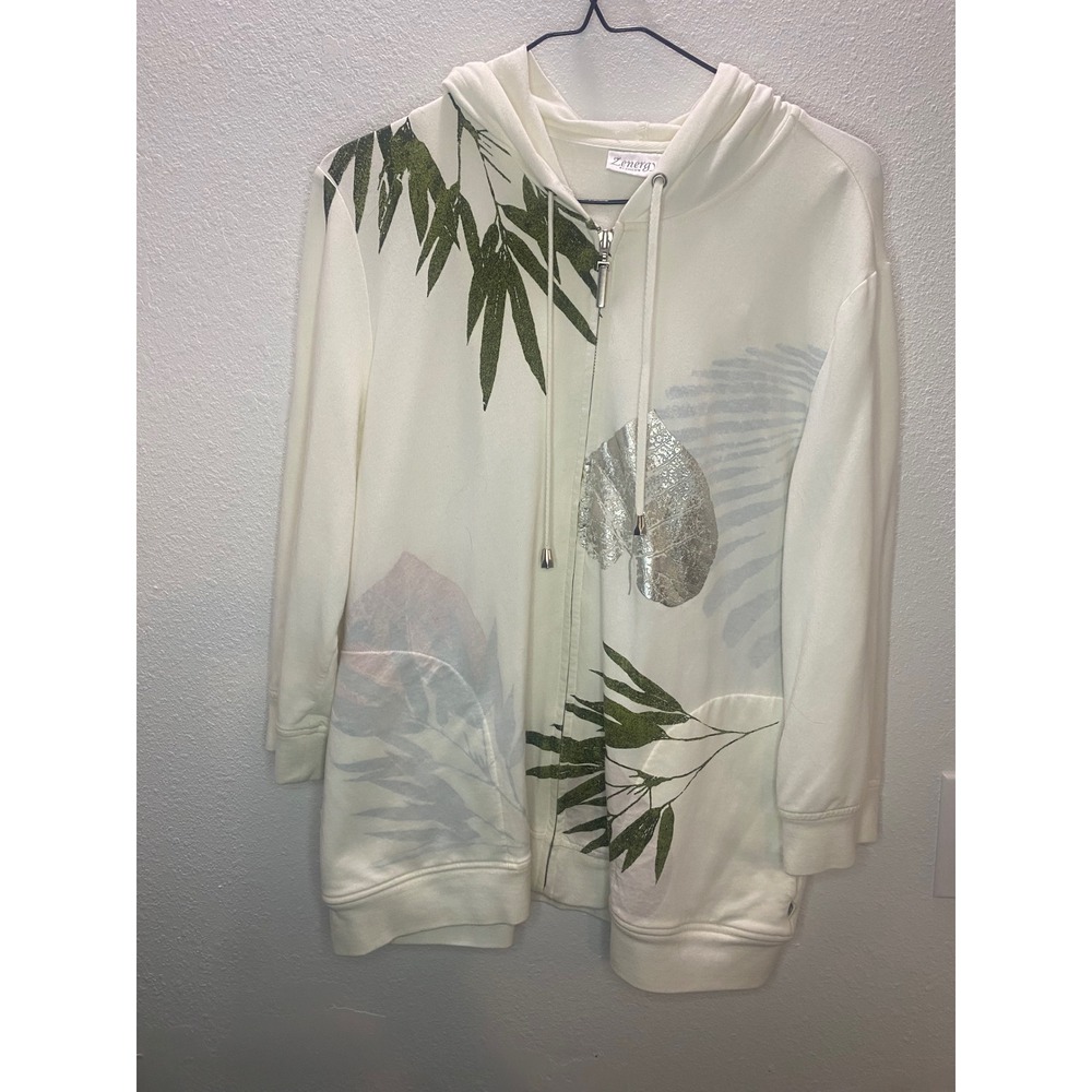 Zenergy by Chico's Zip Up Hoodie Women's 2 /L/12 Cream Green Leaf Print